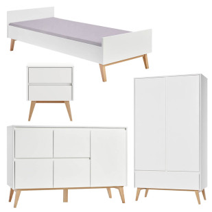 Pack lit 90x200 + chevet + large commode + armoire 2 portes Swing blanc