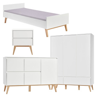 Pack lit 90x200 + chevet + large commode + armoire 3 portes Swing blanc