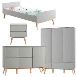 Pack lit 90x200 + chevet + large commode + armoire 3 portes Swing gris