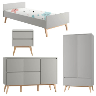 Pack lit 90x200 + chevet + large commode + armoire 2 portes Swing gris