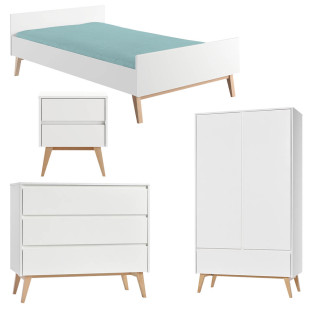 Pack lit 120x200 + chevet + commode + armoire 2 portes Swing blanc pour ado