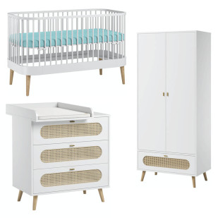 Pack TRIO chambre bébé Canne blanche avec lit bébé Paris, design blanc/bois, détails en rotin, marque Vox, disponible chez Jurassien.