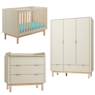 Pack Trio chambre bébé Miloo champagne avec lit bébé 60x120 + commode à langer + armoire 3 portes