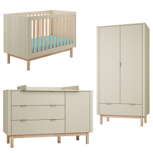 Pack Trio chambre bébé Miloo champagne avec lit bébé 60x120 + grande commode à langer + armoire 2 portes