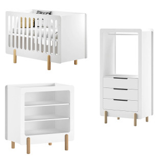 Pack chambre bébé TRIO Smile blanc - Lit 60x120 + Commode + Armoire (Jaxx par Vipack)