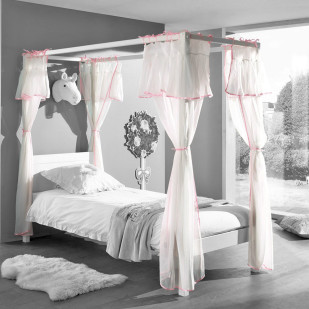 Voile pour lit baldaquin blanc et rose