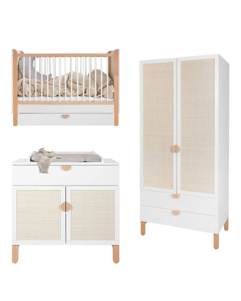 Chambre bébé complète évolutive avec cannage en rotin blanche et bois Ratata de la marque Bellamy