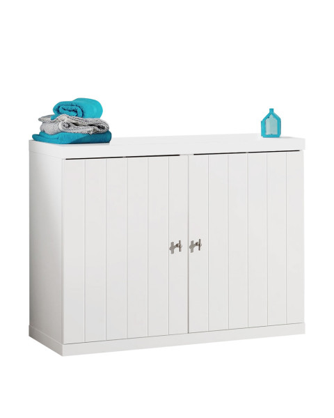 Commode deux portes blanche Baba en pin et MDF, style contemporain, marque Vipack disponible chez le Jurassien