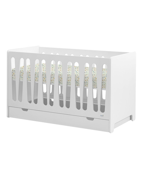 Lit bébé évolutif Moon Pinio 70x140 blanc, avec options de tiroir, fabriqué en MDF et bois de hêtre.