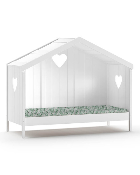 Lit Cabane pour Enfant en Bois Amori Cœur Blanc avec Fond Arrière Fermé - Vipack AMCB9114