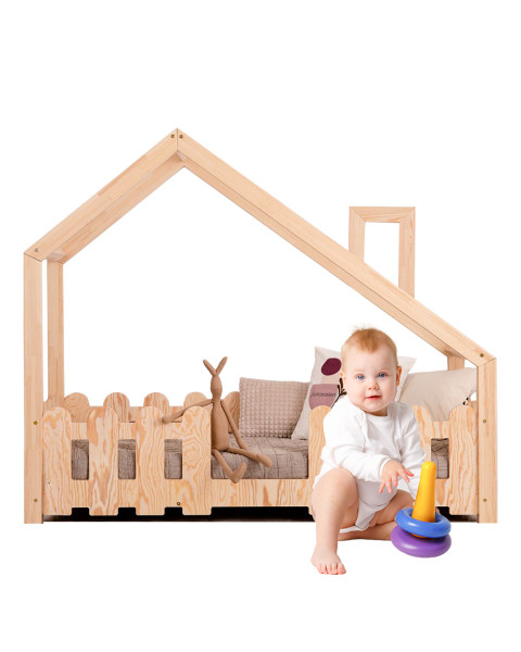 Lit Cabane en Bois avec Cheminée en Forme de Maisonnette pour bébé à partir de 2 ans