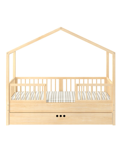 Lit cabane avec tiroir et barrières Dream Nest 80x160 naturel évolutif en bois massif pour enfant - Bellamy