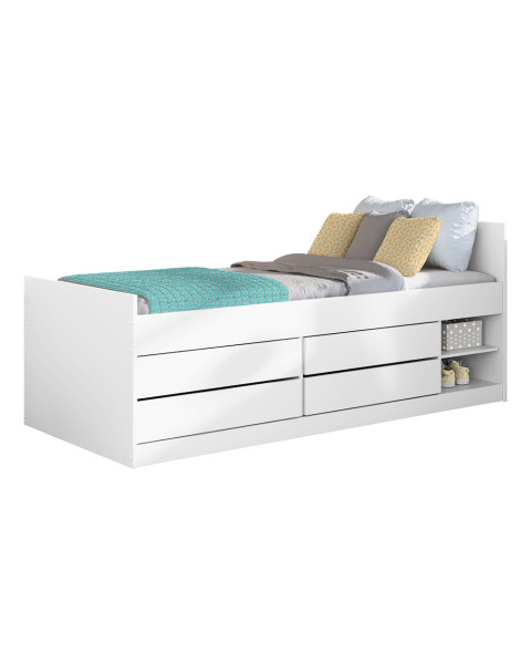 Lit gain place avec espaces rangements 90x200 Leon de Kocot Kids en blanc, idéal pour enfant ou adolescent, avec sommier et matelas inclus.