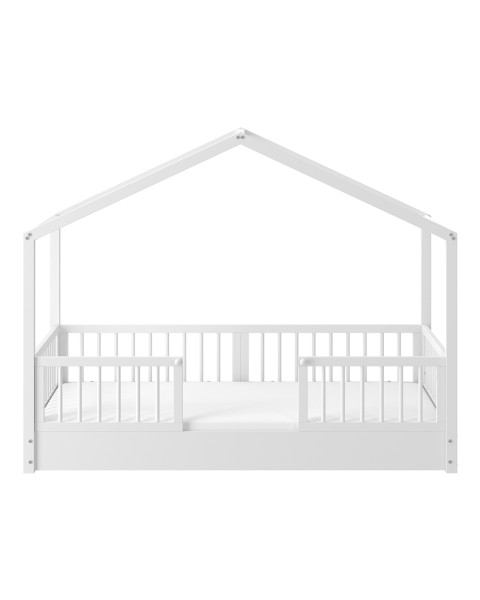 Lit cabane avec barrière évolutif au sol Dream Nest blanc 80x160 pour enfant, fabriqué en bois massif, sommier inclus, design unique et garantie 2 ans, de la marque Bellamy.