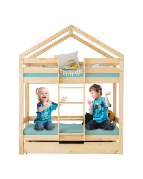 Lit superposé cabane Adeko référence DMPN avec tiroir : espace de couchage écologique et pratique pour enfants. Lit superposé avec échelle au centre.