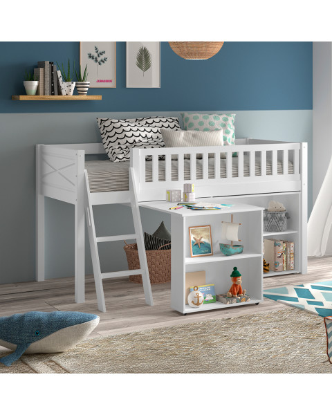 Lit surélevé avec bureau et rangement ouvert pour enfant Scott