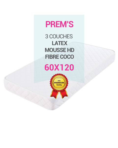 Matelas 60x120 BabyPrem’s : Fibre de Coco + Mousse + Latex