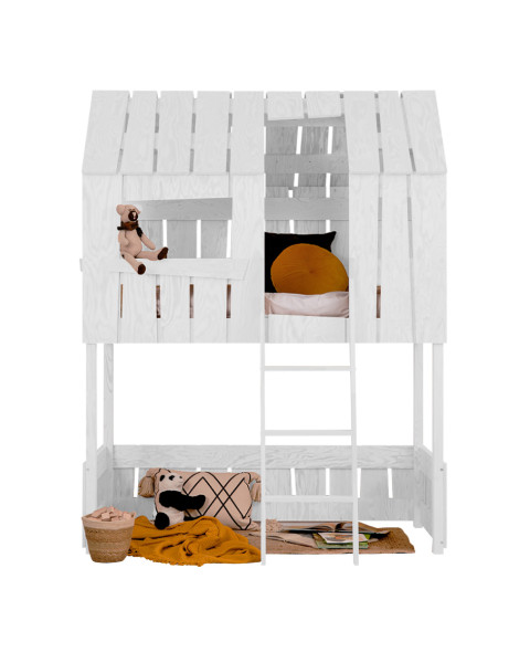 Mezzanine Lit Cabane en Bois avec peinture blanche pour Enfant Sans Solvants