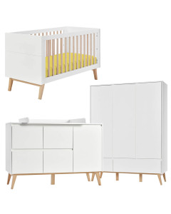 Pack lit bébé 70x140 + large commode à langer + armoire 3P Swing blanc