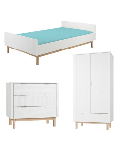 Pack Trio chambre enfant Miloo blanc avec lit 120x200 + commode 3 tiroirs + armoire 2 portes