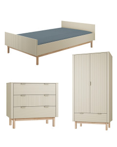 Pack Trio chambre enfant Miloo champagne avec lit 120x200 + commode 3 tiroirs + armoire 2 portes