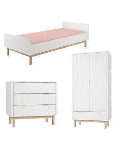 Pack Trio chambre enfant Miloo blanc avec lit 90x200 + commode 3 tiroirs + armoire 2 portes