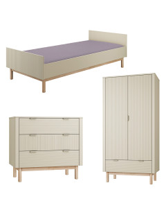 Pack Trio chambre enfant Miloo champagne avec lit 90x200 + commode 3 tiroirs + armoire 2 portes