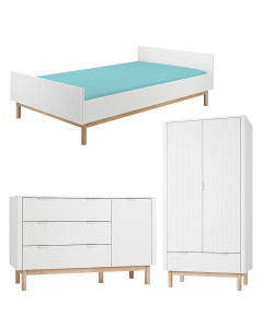 Pack Trio chambre enfant Miloo blanc avec lit 120x200 + grande commode + armoire 2 portes