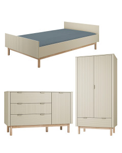 Pack Trio chambre enfant Miloo champagne avec lit 120x200 + grande commode + armoire 2 portes