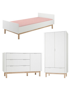 Pack Trio chambre enfant Miloo blanc avec lit 90x200 + grande commode + armoire 2 portes