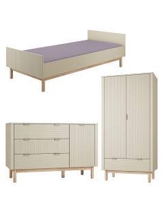 Pack Trio chambre enfant Miloo champagne avec lit 90x200 + grande commode + armoire 2 portes