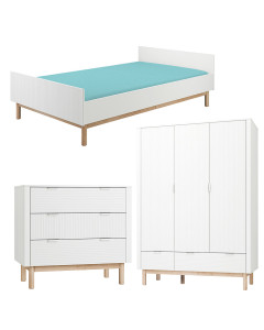 Pack Trio chambre enfant Miloo blanc avec lit 120x200 + commode 3 tiroirs + armoire 3 portes