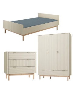 Pack Trio chambre enfant Miloo champagne avec lit 120x200 + commode 3 tiroirs + armoire 3 portes