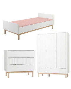 Pack Trio chambre enfant Miloo blanc avec lit 90x200 + commode 3 tiroirs + armoire 3 portes