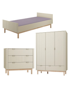 Pack Trio chambre enfant Miloo champagne avec lit 90x200 + commode 3 tiroirs + armoire 3 portes