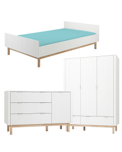 Pack Trio chambre enfant Miloo blanc avec lit 120x200 + grande commode + armoire 3 portes