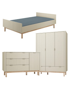 Pack Trio chambre enfant Miloo champagne avec lit 120x200 + grande commode + armoire 3 portes