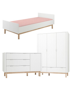 Pack Trio chambre enfant Miloo blanc avec lit 90x200 + grande commode + armoire 3 portes