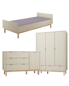 Pack Trio chambre enfant Miloo champagne avec lit 90x200 + grande commode + armoire 3 portes