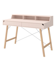 Bureau rose avec étagères pour chambre d'enfant Lotta de Bellamy, fabriqué en bois massif et MDF, avec deux tiroirs spacieux, design scandinave, idéal pour optimiser l'espace de travail.