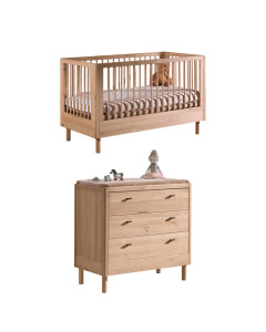 Ensemble chambre bébé chêne Forrest Jaxx, lit 70x140, commode à langer bois foncé, vendu chez Jurassien, élégant et durable