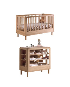 Chambre bébé en chêne foncé Forrest avec lit 70x140 et meuble à langer Jaxx, bois durable, disponible chez le Jurassien.