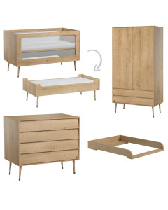 Chambre bébé évolutive complète Bosque Vox Oak en bois, style rétro-scandinave, disponible chez le Jurassien