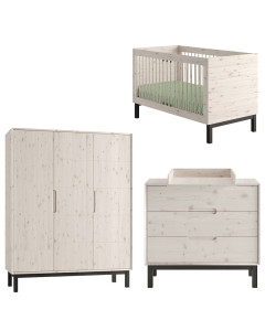 Voici trois meubles de la chambre bébé évolutive Country ( lit bébé, commode à langer et armoire 3 portes), réalisés en pin massif par Pinio. Ils appartiennent à la collection Country, spécifiquement conçue pour aménager les chambres de bébé.