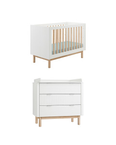 Pack lit bébé 60x120 et commode avec son plan à langer de la collection Miloo blanche et bois du fabricant Pinio