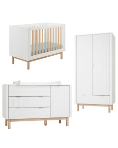 Pack Trio chambre bébé Miloo blanche avec lit bébé 60x120 + grande commode à langer + armoire 2 portes