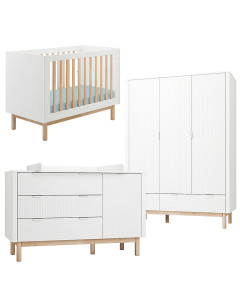 Pack Trio chambre bébé Miloo blanche avec lit bébé 60x120 + grande commode à langer + armoire 3 portes