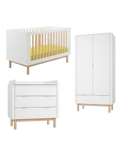 Pack Trio chambre bébé Miloo blanche avec lit bébé 70x140 + commode à langer + armoire 2 portes