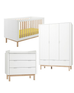 Pack Trio chambre bébé Miloo blanche avec lit bébé 70x140 + commode à langer + armoire 3 portes