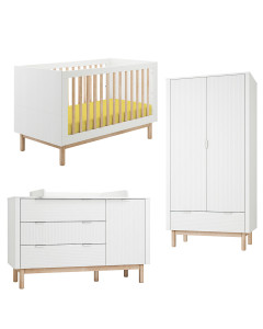 Pack Trio chambre bébé Miloo blanche avec lit bébé 70x140 + grande commode à langer + armoire 2 portes